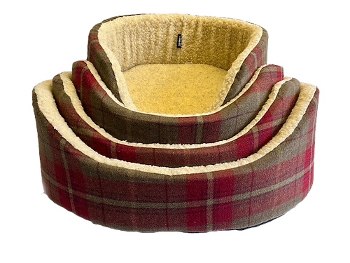 Oval Dog Basket Beige Fleece Pet Bed-Monmouth Check-4 sizes